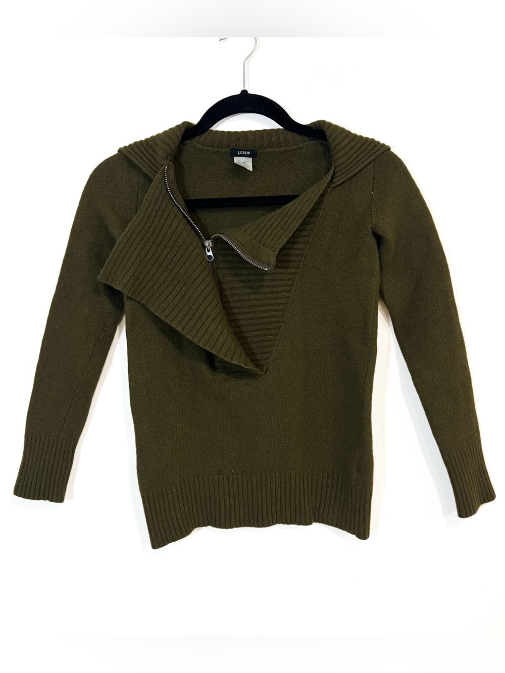 J. Crew Wool Cashmere Blend Asymmetrical Zipper V-Neck Sweater Olive Green XS
